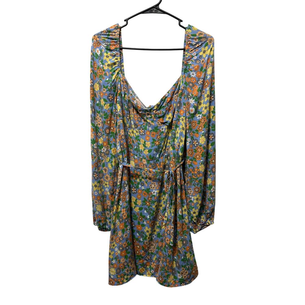 ASOS DESIGN Curve Retro Floral Cowl Neck Mini Dress US 14 Blue 70s Long Sleeve
